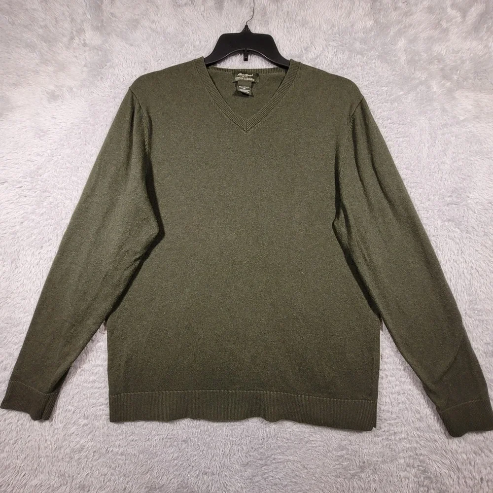 Eddie Bauer V-Neck Sweater Mens Large Green Cotton Cashmere Blend Long‎ Sleeve